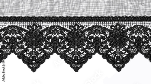 Close-up of elegant black lace trim with intricate floral and scroll patterns and a scalloped edge against a white background.