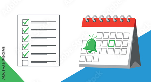 Task management concept featuring a checklist on a piece of paper next to a calendar with a green notification bell icon for deadlines.