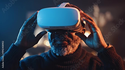 An aged man with graying beard experiences virtual reality