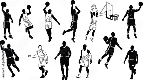 Basketball player silhouettes in action, dunk, dribble, jump shot, slam dunk, professional athlete poses, sports vector design, fitness training, competition illustration