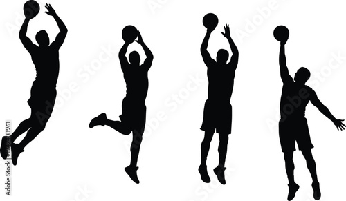 Basketball players silhouette, slam dunk action, high jump movement, dynamic sports pose, athletic design, stock image, energetic basketball scene
