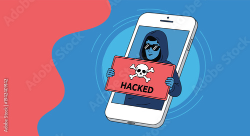 Cyber security breach showing a hacker figure holding a hacked sign with a skull and crossbones on a smartphone screen over blue color.