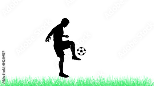 Silhouette of a soccer player juggling a ball on green grass against a white background.