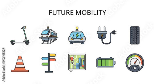 A collection of ten colorful icons related to future mobility technology and infrastructure