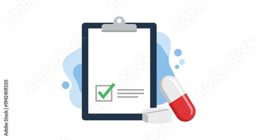 Medical prescription checklist on a clipboard with a capsule and a tablet pill on a blue abstract background representing healthcare.