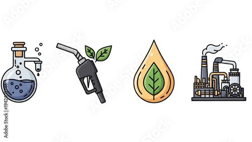 Biofuel Production Icon Set: Fermentation Flask, Renewable Energy Pump, Biomass Processing Plant and Eco Fuel Drop, Vector Line Art for Sustainability