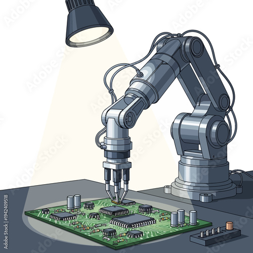 Robot Arm Assembles Circuits on Electronic Board Under Spotlight