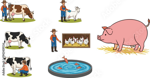 Farm animals silhouettes, farmer with cow, goat care, chicken coop, pig on straw, fish tank, agriculture life, rural farming illustration