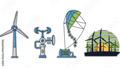 Wind Power Technology Icon Set: Modern Wind Turbine, Anemometer, Kite Energy System and Wind Farm Silhouette, Sustainable Green Energy Vector Art