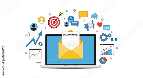 Digital email marketing concept showing a laptop with an open envelope surrounded by various business and social media icons for promo.