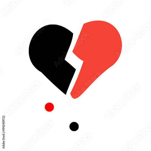 Broken heart symbol illustration with black and red halves and cyan outline on white background
