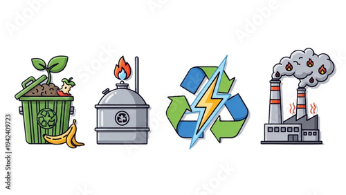 Waste to Energy Icon Set: Biogas Digester, Compost Bin, Recycling Lightning Bolt and Waste Incinerator, Renewable Bioenergy Vector Line Art Graphics