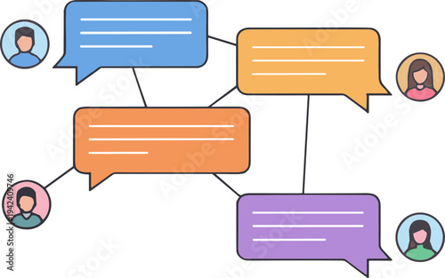 Illustration of a connected network of people communicating through speech bubbles, representing social interaction and online messaging