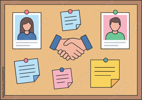 Illustration of diverse team collaboration and strategic networking on a cork board, symbolizing strong business partnership and efficient communication
