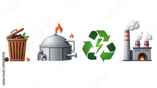 Waste to Energy Icon Set: Biogas Digester, Compost Bin, Recycling Lightning Bolt and Waste Incinerator, Renewable Bioenergy Vector Line Art Graphics