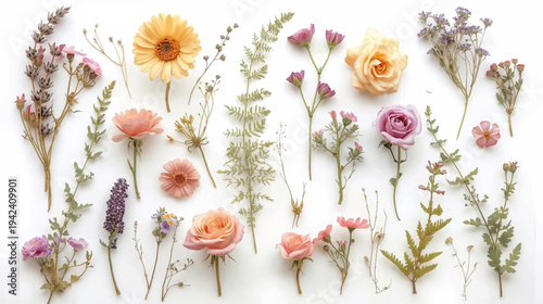 A beautiful flat lay arrangement of various dried and pressed flowers and botanical elements on a clean white background, showcasing their delicate textures and soft colors.