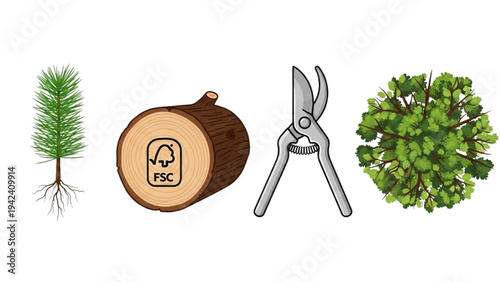 Sustainable Forestry Icon Set: Pine Tree Seedling, FSC Certified Log, Pruning Shears and Forest Canopy, Reforestation Vector Line Art for Wood Industry