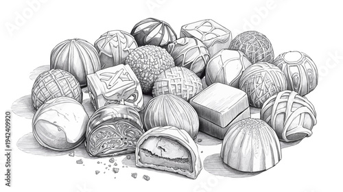 A detailed black and white illustration of a variety of gourmet chocolates, some round, some square, with different textures and one cut open to show its creamy filling.