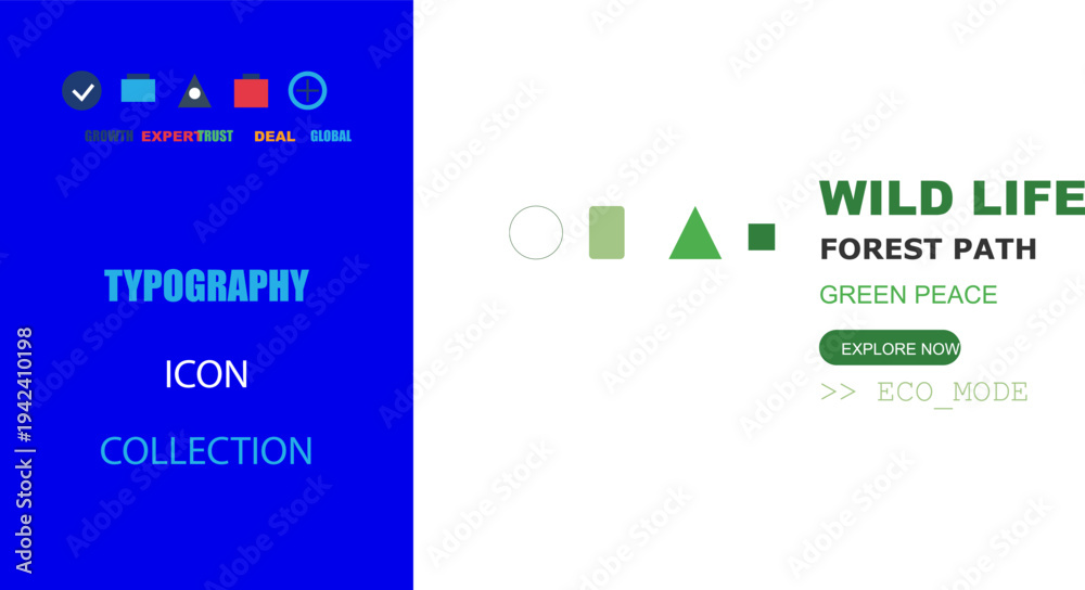 Obraz premium Modern graphic design illustration for UI/UX projects, featuring abstract icons, typography, and environmental themes.