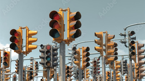 A surreal landscape filled with numerous yellow traffic lights under a clear sky, creating a sense of urban complexity.
