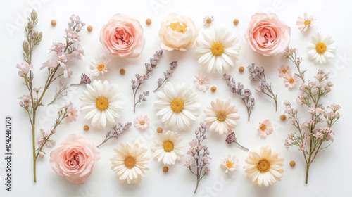 A beautiful flat lay composition of delicate pink roses, white daisies, and lavender sprigs arranged artfully on a clean white background, creating a serene floral pattern.