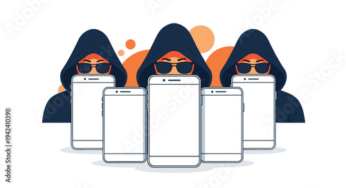Cyber security threat showing three masked hackers behind several blank smartphone screens representing mobile data hacking and theft.