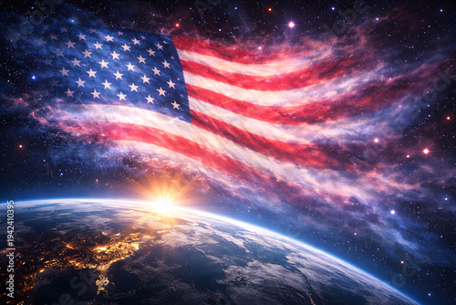 American Flag Waving in Space Above Earth at Sunrise, Patriotic USA Background