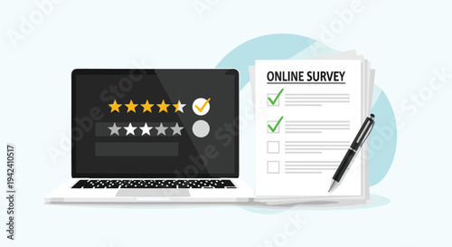 Online survey concept with a laptop computer showing star ratings and a paper document with checkmarks and a pen for customer feedback.