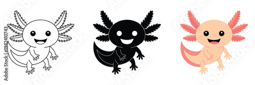 Cute axolotl icons in flat, outline, and silhouette styles, vector illustrations representing adorable aquatic animals