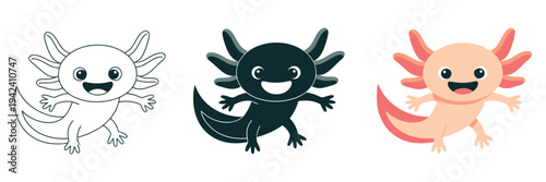 Cute axolotl icons in flat, outline, and silhouette styles, versatile set for digital projects, mobile apps, educational materials