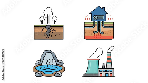 Geothermal Energy Icon Set: Thermal Power Station, Underground Heat Pump, Steam Vent and Hot Spring, Sustainable Earth Power Vector Line Art Icons