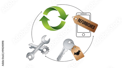 Circular Economy Icon Set: Loop Arrow, Refurbished Tag, Shared Use Key and Repair Wrench, Zero Waste Sustainable Cycle Vector Line Art Icons