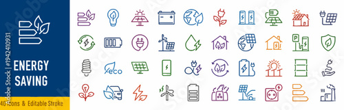 Collection of icons representing energy saving concepts and eco-friendly practices in a grid layout on a white background from a straightforward viewpoint