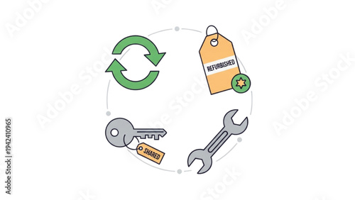 Circular Economy Icon Set: Loop Arrow, Refurbished Tag, Shared Use Key and Repair Wrench, Zero Waste Sustainable Cycle Vector Line Art Icons