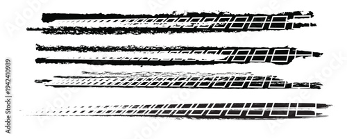Straight line vector Asian ink brush strokes. Tire marks are black on a white background. Rough grunge thick paint line texture. Vector.