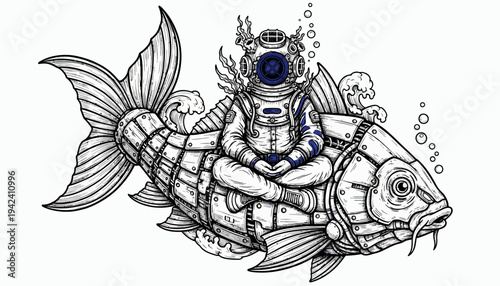 Astronaut Meditating on a Robotic Fish Underwater Line Art.