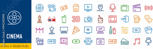 Collection of cinema icons and symbols on a blue background displayed in a grid layout