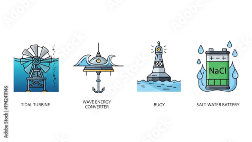 Marine Energy Icon Set: Underwater Tidal Turbine, Wave Energy Converter, Salt Water Battery and Buoy, Offshore Renewable Power Vector Line Art Icons