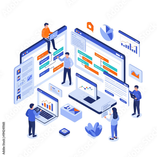 Isometric illustration of people working with data and project management tools.