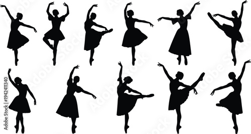 ballet dancer silhouettes set, graceful ballerina poses collection, classical dance movement illustration, elegant female dance silhouettes isolated, choreography pose bundle for design clipart vector