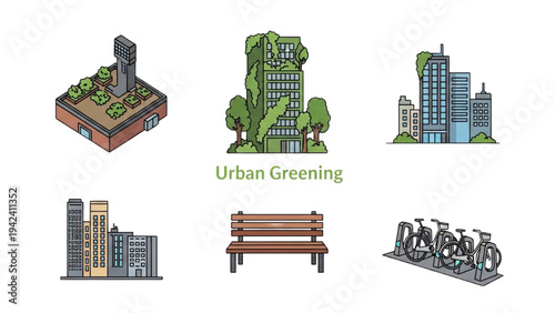 Urban Greening Icon Set: Rooftop Garden, Vertical Forest Building, City Bike Share Rack and Park Bench, Sustainable Smart City Vector Line Art Icons