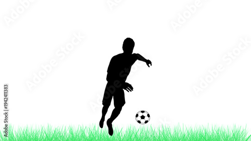 Silhouette of a soccer player dribbling a football on a green grass field, isolated on white background.