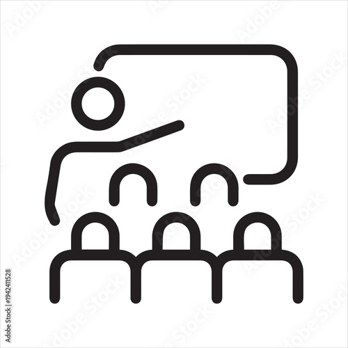Thin Icon Training, Business Presentation and Seminar or Coaching. Such Line Sign as Classroom and Trainer. Custom Vector Pictogram EPS 10 for Web in Outline Style on White Background Editable Stroke.