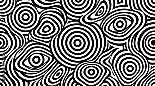 Black and white abstract pattern with concentric circles and optical illusion effect.
