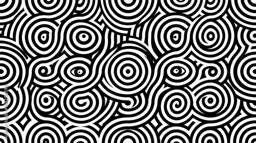 Black and white spiral pattern background with swirling shapes.