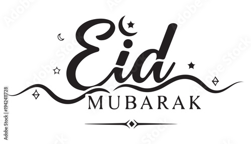A charming script Eid Mubarak with decorative swirls, stars, and crescent.