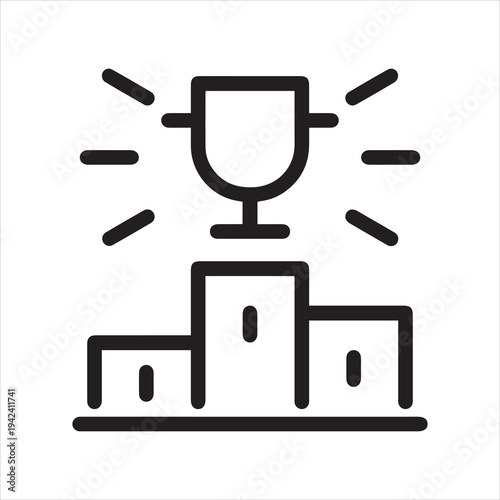 Pedestal, first place award in the competition outline icon. Line sign sports podium with shining cup rays. Vector isolated pictogram for web on white background editable stroke.