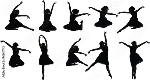 Elegant ballet dancer silhouettes collection graceful ballet poses isolated on white background classical dance movement art performance ballerina jumping stretching 