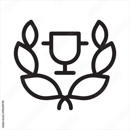 Laurel wreath winner, award, outline icon. Line sign circular foliate wreath of two laurel branches with leaves and cup. Vector isolated pictograms for web on white background editable stroke.