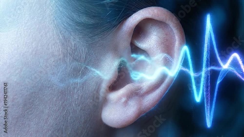 Human ear anatomy closeup with glowing sound wave hearing concept blue frequency line audio detail auditory system medical health care science technology design tinnitus loss